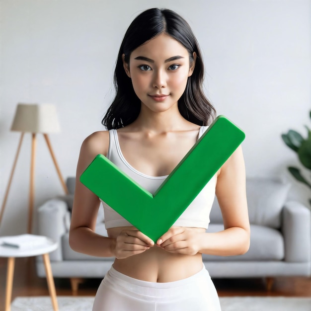 foto di una bella donna asiatica con un abito sportivo bianco che tiene una spunta verde simbolo corretto in una stanza pulita minima generativa AI