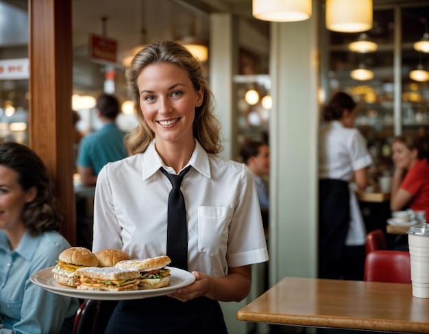 foto di una bella donna come cameriera che serve cibo in un ristorante retro generativa AI
