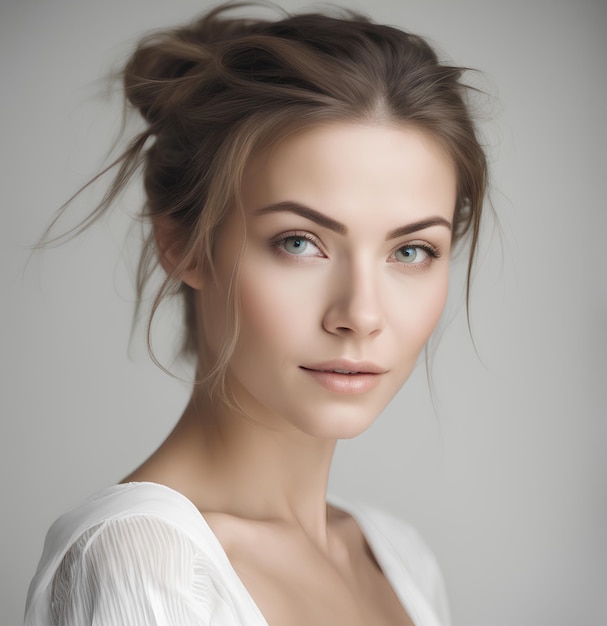 foto di una bella donna con gli occhi chiari e i capelli raccolti