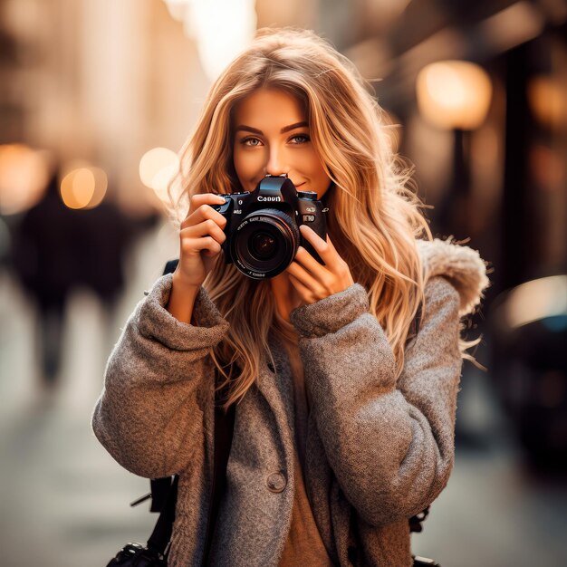 foto di una bella donna con in mano una macchina fotografica giornata mondiale della fotografia