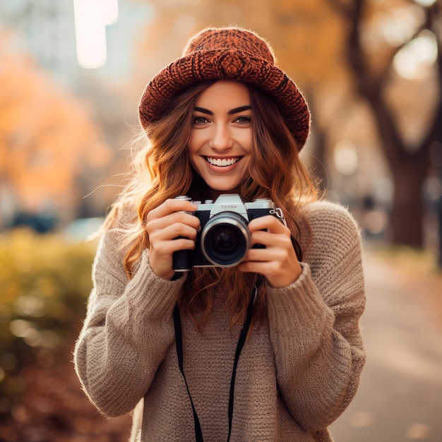 foto di una bella donna con in mano una macchina fotografica giornata mondiale della fotografia