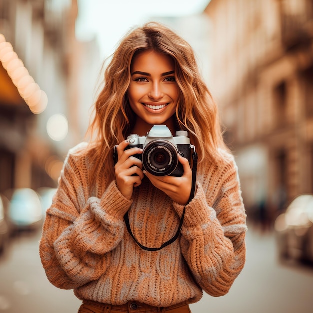 foto di una bella donna con in mano una macchina fotografica giornata mondiale della fotografia