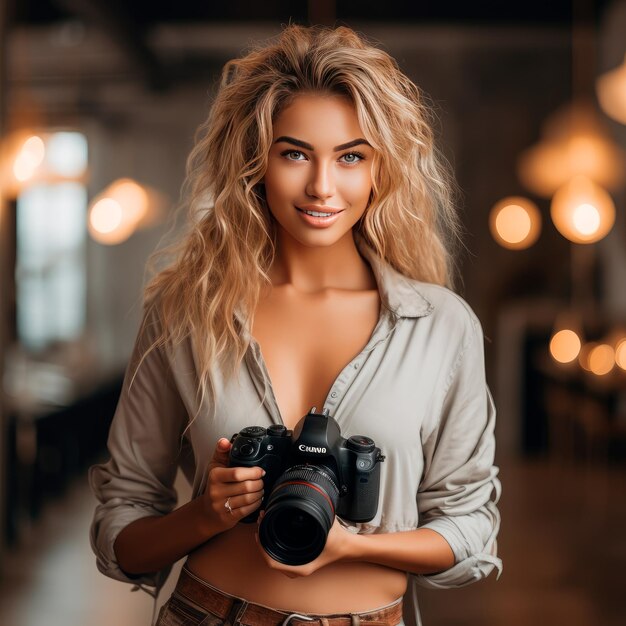 foto di una bella donna con in mano una macchina fotografica giornata mondiale della fotografia