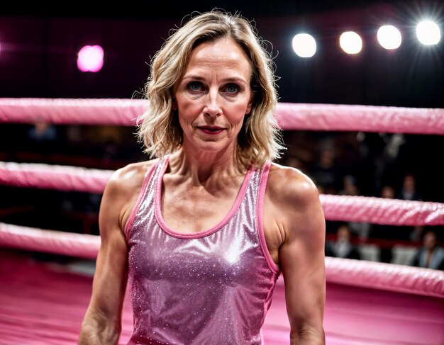 foto di una bella donna di mezza età con un abito da boxe rosa sul ring di boxe generativa AI