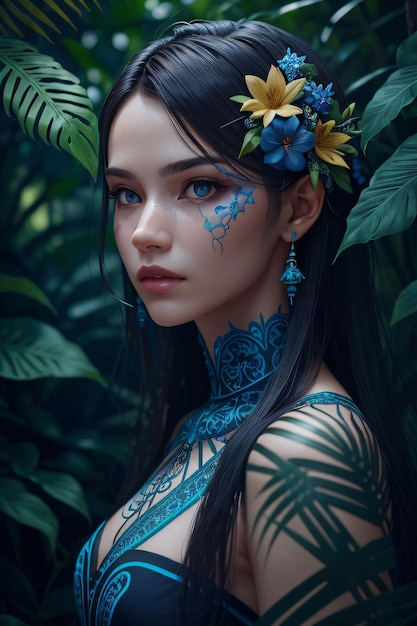 Foto di una bella donna nella foresta con vestito blu