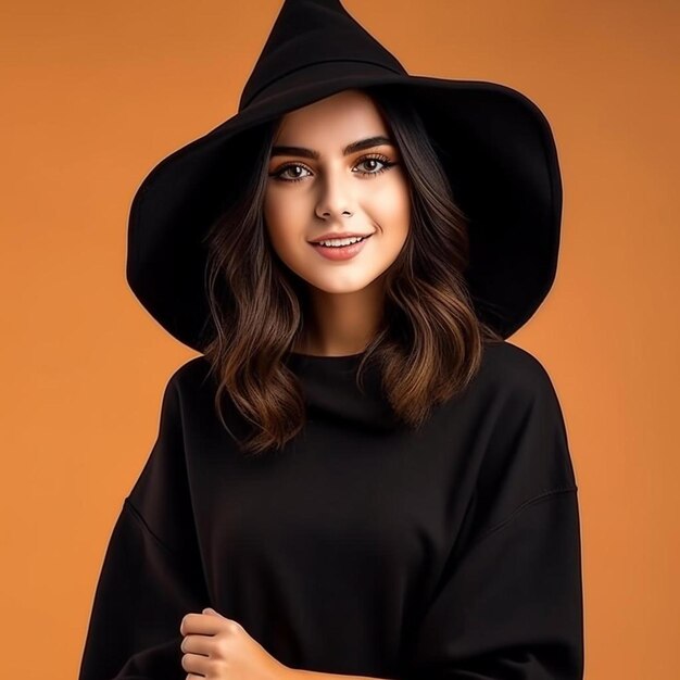 foto di una bella ragazza carina che indossa un vestito di strega nero con un cappello sorridente spazio vuoto isolato colore arancione