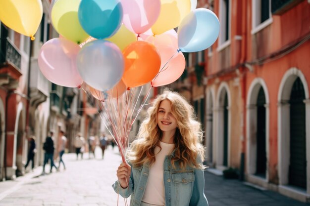 Foto di una bella ragazza che sorride e tiene in mano un mazzo di palloncini colorati