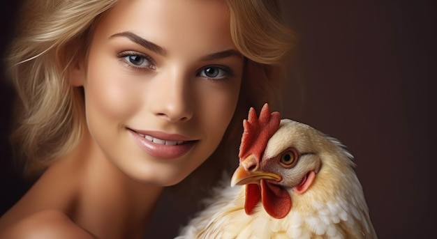 Foto di una bella ragazza con un pollo