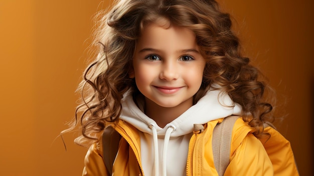 foto di una bella studentessa che torna in classe con sfondo giallo