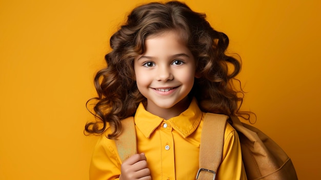 foto di una bella studentessa che torna in classe con sfondo giallo