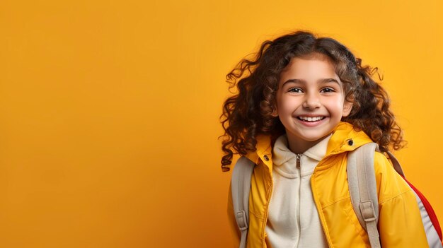 foto di una bella studentessa che torna in classe con sfondo giallo