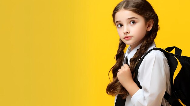 foto di una bella studentessa che torna in classe con sfondo giallo