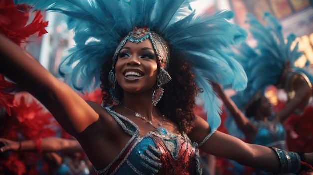 Foto di una bellissima ballerina di samba che si esibisce a un festival di costumi con la sua band