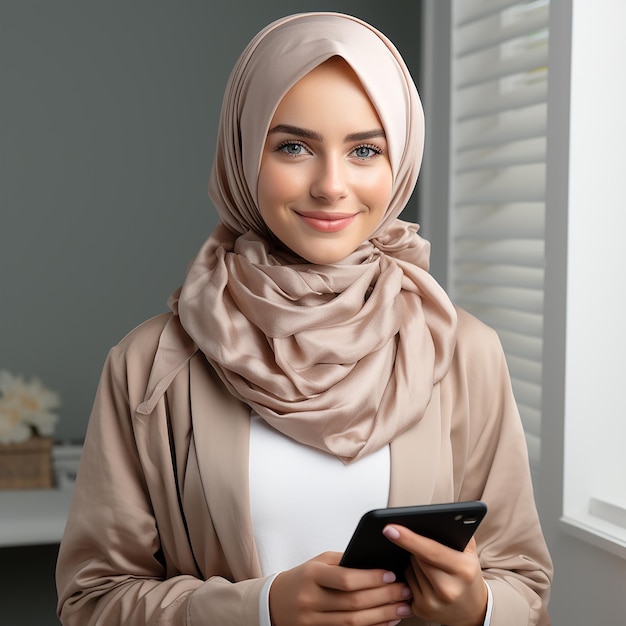 Foto di una bellissima donna musulmana che indossa un hijab e sorride dolcemente usando un tablet