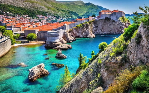 Foto di una bellissima foto dell'oceano e delle montagne sullo sfondo