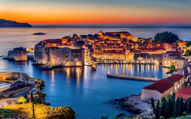 Foto di una bellissima foto dell'oceano e delle montagne sullo sfondo