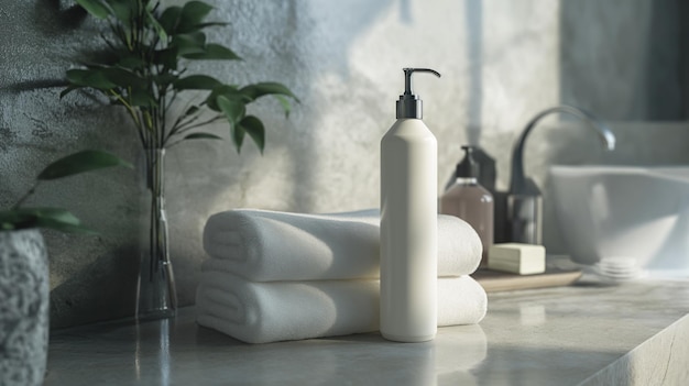 Foto di una bottiglia di sapone liquido con un modello di asciugamani