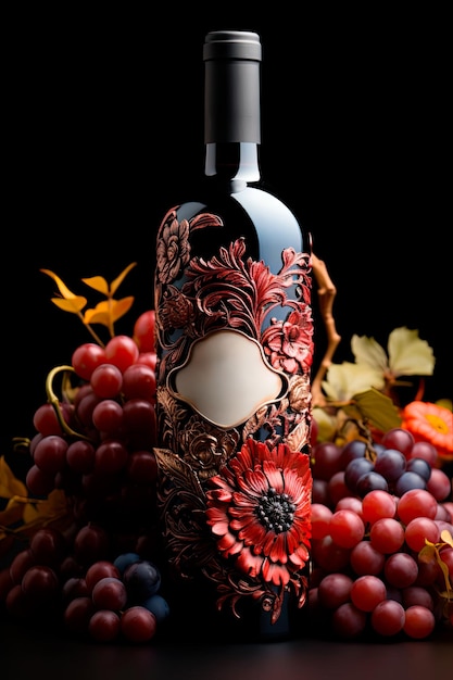 Foto di una bottiglia di vino rosso personalizzata decorata con un'etichetta intricata