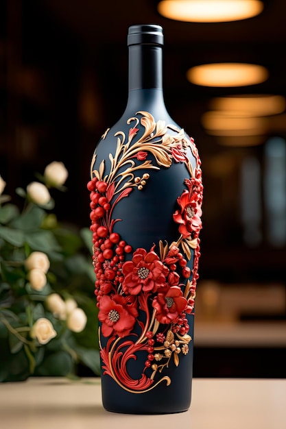 Foto di una bottiglia di vino rosso personalizzata decorata con un'etichetta intricata