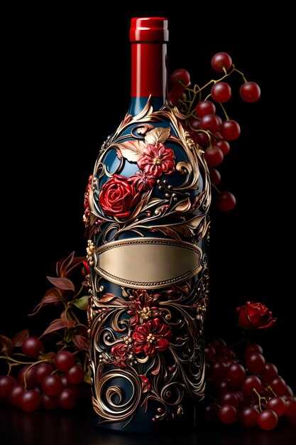 Foto di una bottiglia di vino rosso personalizzata ornata da un'intricata etichetta artistica