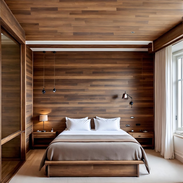 Foto di una camera da letto accogliente con un letto spazioso e pareti di legno rustiche