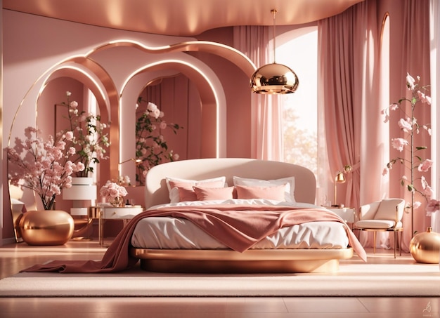 Foto di una camera da letto accogliente ed elegante con pareti rosa tenue e un letto spazioso