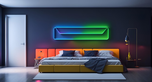 Foto di una camera da letto moderna con luci al neon sulla parete e un letto confortevole