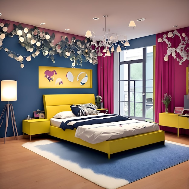 Foto di una camera da letto vibrante con un letto spazioso e una parete accentuata colorata