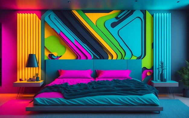 Foto di una camera da letto vibrante e accogliente con un letto king size e una parete accentuata colorata