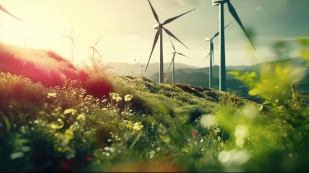 Foto di una campagna panoramica con maestosi mulini a vento in lontananza