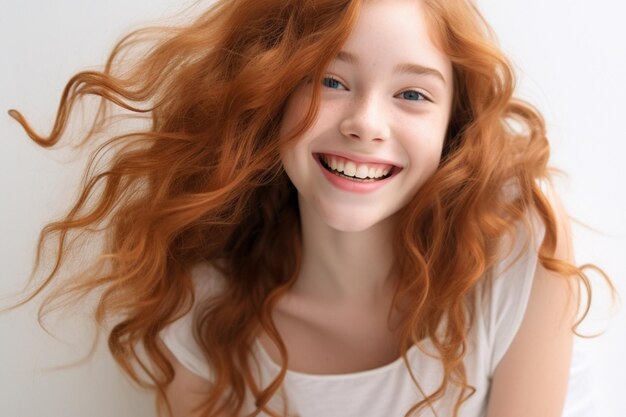 Foto di una carina bambina dai capelli rossi che sorride ampiamente su uno sfondo bianco