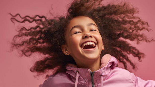 Foto di una carina ragazzina dai capelli ricci davanti a uno sfondo rosa