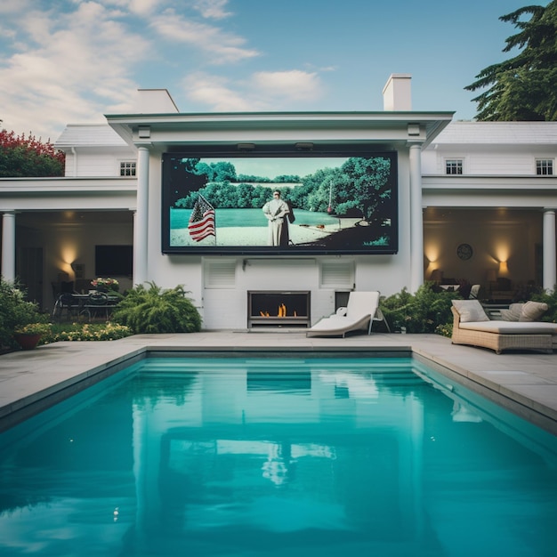 Foto di una casa bianca con una piscina e una TV sul muro