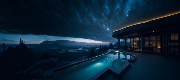 Foto di una casa di lusso con una piscina splendidamente illuminata di notte