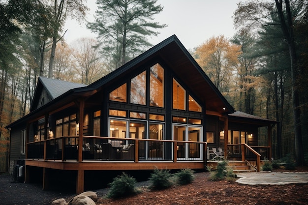 Foto di una casa minimalista di fronte al centro della foresta