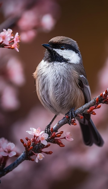 Foto di una Chickadee boreale di montagna colorata seduta su un ramo IA generativa