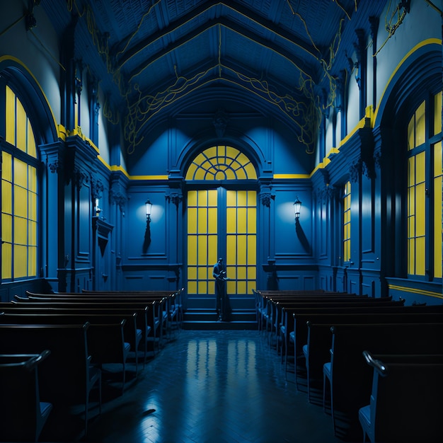 Foto di una chiesa vuota con pareti blu e gialle Ai Generato