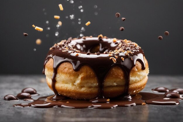 Foto di una ciambella con schizzi di glassa di cioccolato su uno sfondo grigio