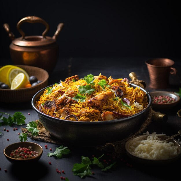 Foto di Una ciotola di delizioso pollo biriyani Pot