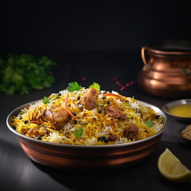 Foto di Una ciotola di delizioso pollo biriyani Pot