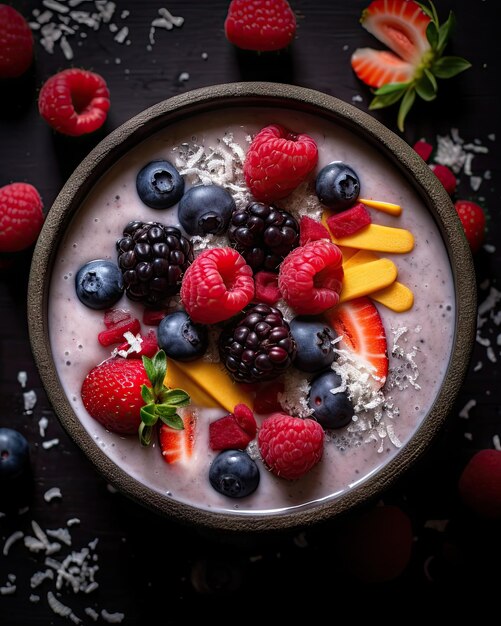 foto di una ciotola di frutta smoothie guarnita con schegge di cocco e bacche miste