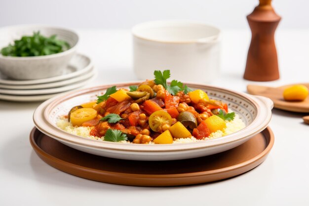 Foto di una ciotola di tagine marocchino con couscous su un bancone bianco incontaminato