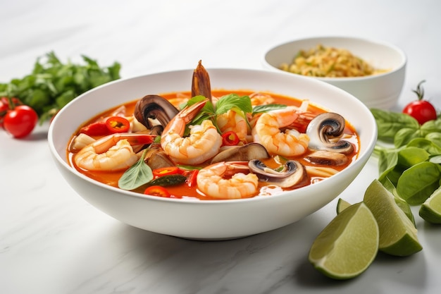 Foto di una ciotola di zuppa Thai tom yum con ingredienti freschi su un bancone bianco croccante