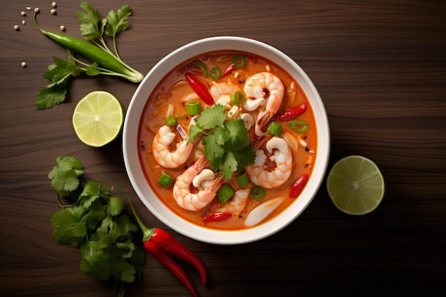 Foto di una ciotola di zuppa Thai tom yum con ingredienti freschi su un bancone bianco croccante