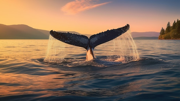 Foto di una coda di balenottera azzurra sull'acqua nel mare al tramonto IA generativa