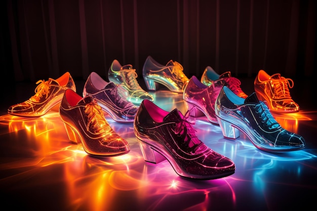 Foto di una collezione di scarpe di designer con illuminazione artistica Generative AI