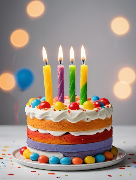 Foto di una colorata torta di compleanno con candele isolate su uno sfondo bianco