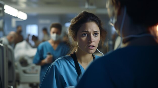 Foto di una conversazione tra due operatori sanitari in uniforme