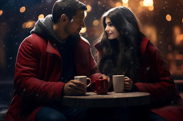 Foto di una coppia che tiene in mano bevande calde nel giorno di San Valentino invernale