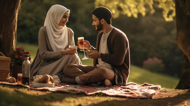 Foto di una coppia romantica islamica che fa un picnic